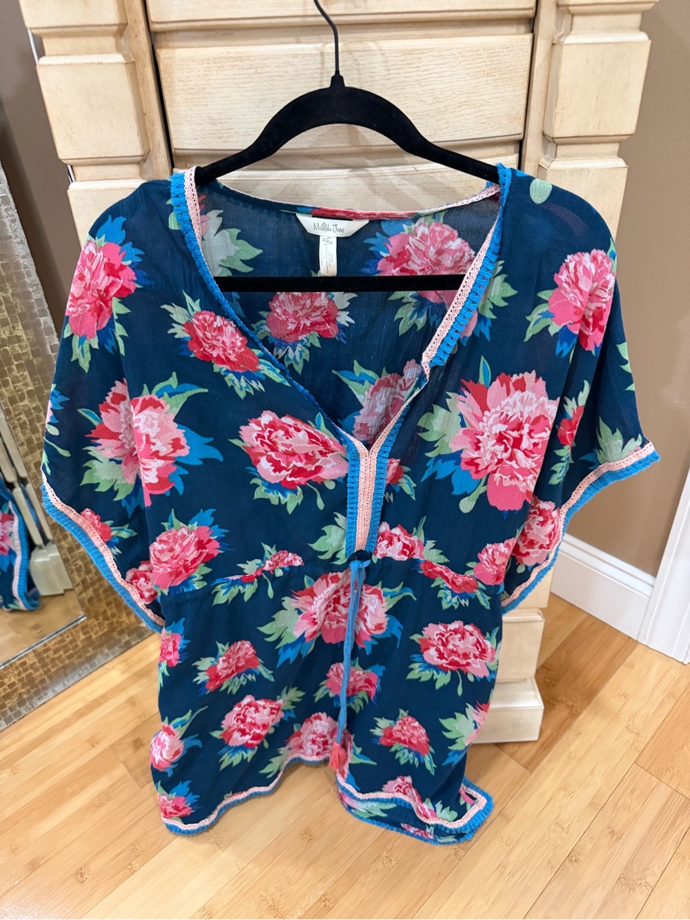 Matilda Jane  Navy Floral V-Neck Swim Cover Up - Navy with Pink Floral
